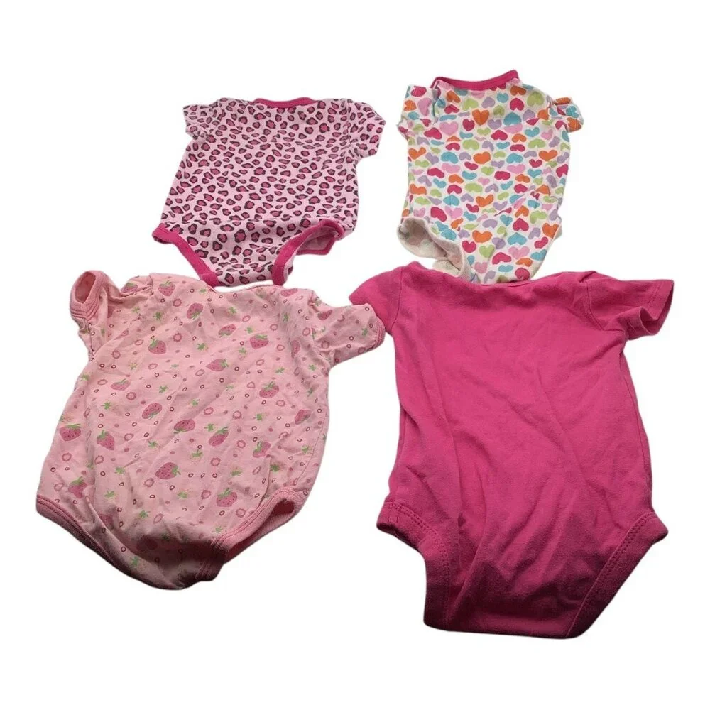 Baby Girl Bodysuit Lot Of 4 Sz 6-12M Strawberry Heart & Leopard Print Pink White